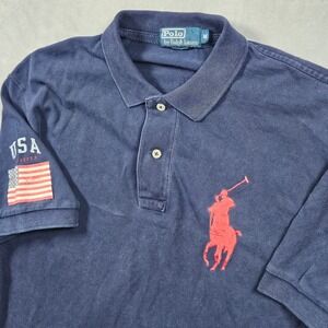 Polo Ralph Lauren Polo Shirt Mens Medium Blue Embroidered Big Pony USA Flag Logo